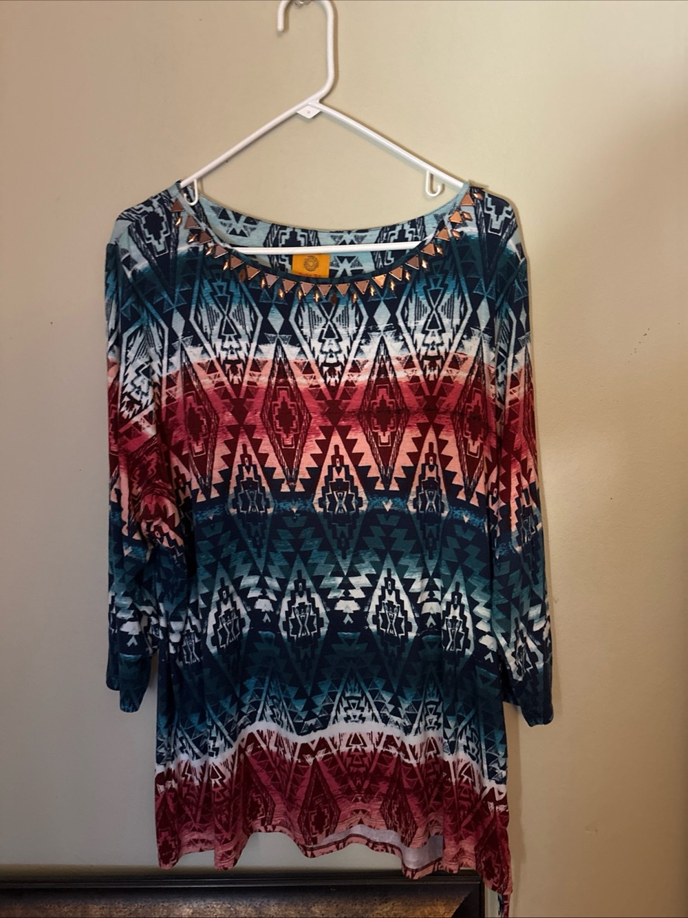Ruby Rd. Aztec Scoop Neck Tunic in Teal, Burgundy and White